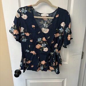 Navy Blue Floral Peplum Wrap Shirt